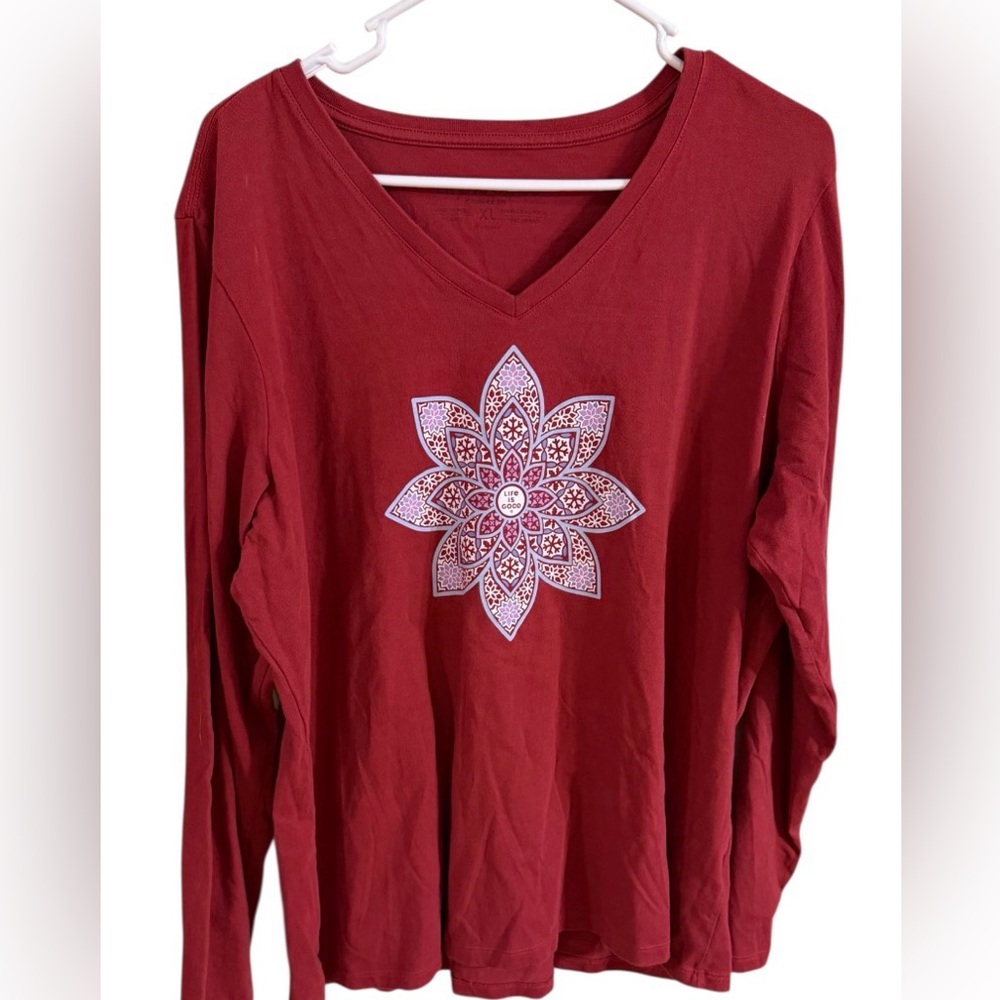 Life is Good Crusher long sleeve red T-shirt paisley snowflake  size X large